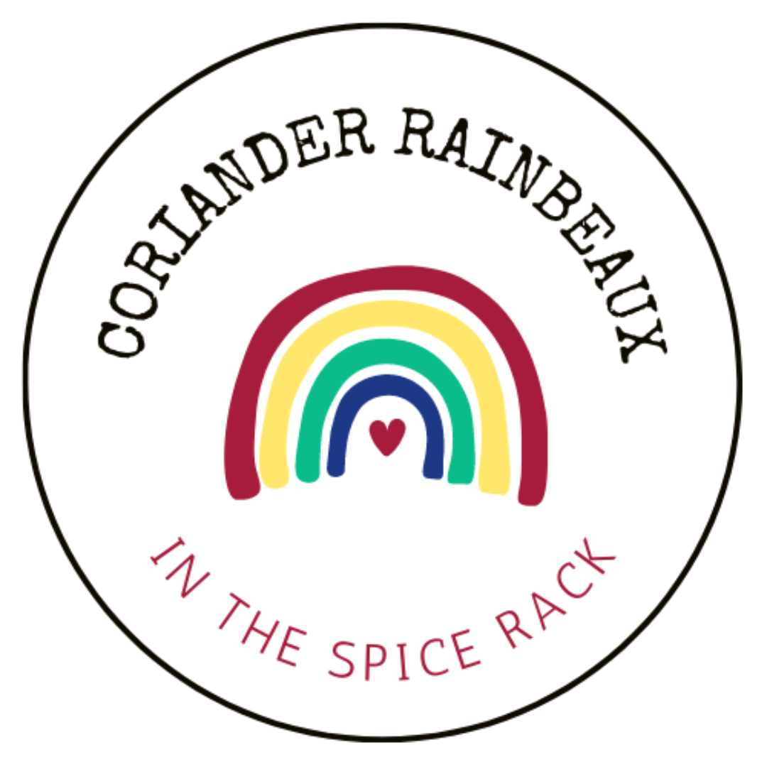 a rainbow logo with coriander rainbeaux in the spice rack written around it
